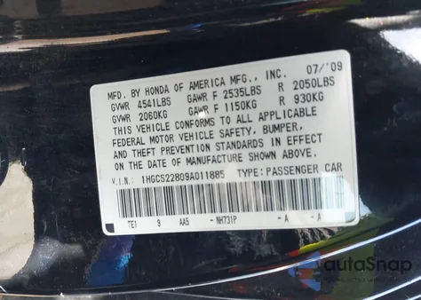 2009 Honda Accord 3.5 Ex-L from USA, damaged, VIN 1HGCS22809A011885